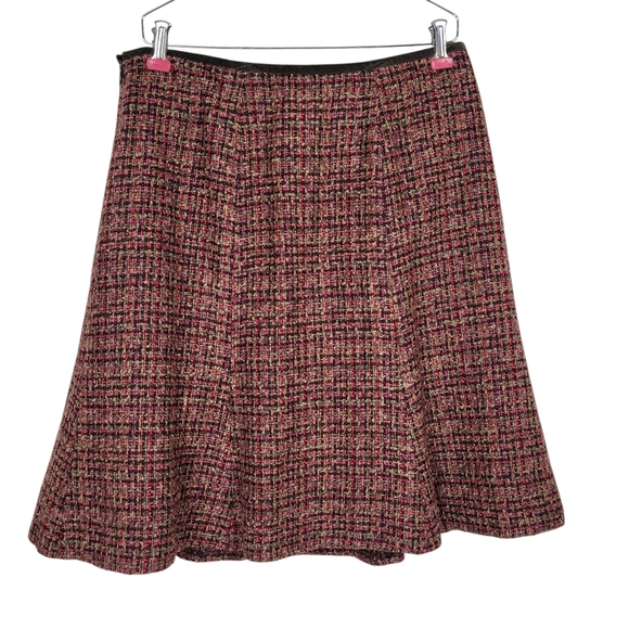 Le Suit Tweed Skirt Suit 12P Brown Olive Flap Pockets Tulip Hem Velvet Buttons - Picture 5 of 9